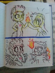 Size: 720x960 | Tagged: source needed, safe, artist:kenu tomhorlikays, oc, oc only, oc:kaos meleer, fire, graph paper, traditional art