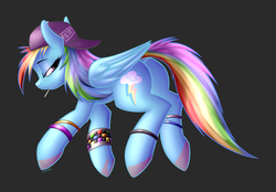 Size: 4337x3024 | Tagged: dead source, safe, artist:strachattack, rainbow dash, pegasus, pony, g4, backwards ballcap, backwards cutie mark, baseball cap, black background, bracelet, butt, candy, cap, female, hat, high res, jewelry, lidded eyes, lollipop, mare, plot, punk, simple background, solo, swag