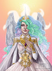 Size: 884x1200 | Tagged: safe, artist:samwashingtonillus, princess celestia, human, g4, clothes, dress, female, horn, horned humanization, humanized, looking at you, magic, solo, spread wings, winged humanization