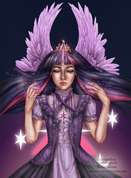 Size: 884x1200 | Tagged: safe, artist:samwashingtonillus, twilight sparkle, human, g4, clothes, dress, female, horn, horned humanization, humanized, looking at you, magic, solo, spread wings, twilight sparkle (alicorn), winged humanization