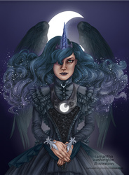 Size: 884x1200 | Tagged: safe, artist:samwashingtonillus, princess luna, human, g4, clothes, dress, female, horn, horned humanization, humanized, looking at you, magic, solo, spread wings, winged humanization