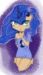 Size: 615x1070 | Tagged: safe, artist:jonathan the awesome, derpibooru exclusive, princess luna, human, g4, clothes, female, horn, horned humanization, humanized, solo, t-shirt