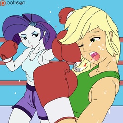 Size: 1250x1250 | Tagged: safe, artist:linedraweer, applejack, rarity, fighting is magic, equestria girls, g4, abuse, armpits, boxing, boxing gloves, boxing ring, fight, mouth guard, patreon, patreon logo, punch, request, ropes