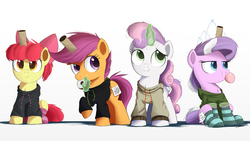 Size: 4000x2250 | Tagged: safe, artist:ncmares, apple bloom, diamond tiara, scootaloo, sweetie belle, earth pony, pegasus, pony, unicorn, adorabloom, bread, bubblegum, clothes, cute, cutealoo, cutie mark crusaders, diamondbetes, diasweetes, donut, fake cutie mark, fake horn, female, filly, food, glowing, glowing horn, group, hoodie, horn, magic, my eyes are up here, ncmares is trying to murder us, quartet, simple background, socks, striped socks, sweater, telekinesis, toilet paper roll, white background