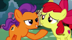 Size: 1366x768 | Tagged: safe, screencap, apple bloom, tender taps, earth pony, pony, g4, on your marks, colt, cutie mark, discovery family logo, female, filly, hoof on chin, male, shipping fuel, the cmc's cutie marks