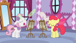 Size: 10667x6000 | Tagged: safe, artist:eagle1division, apple bloom, sweetie belle, earth pony, pony, unicorn, g4, on your marks, absurd resolution, carousel boutique, conductor's baton, eyes closed, female, filly, foal, levitation, magic, music stand, open mouth, sheet music, singing, smiling, sweetie belle's magic brings a great big smile, telekinesis, the cmc's cutie marks, vector