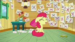 Size: 1920x1080 | Tagged: safe, screencap, apple bloom, earth pony, pony, g4, on your marks, adorabloom, bow, clubhouse, crusaders clubhouse, cute, cutie mark, discovery family logo, eyes closed, female, filly, floppy ears, hair bow, open mouth, paper, sad, singing, sitting, solo, the cmc's cutie marks