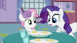 Size: 1920x1080 | Tagged: safe, screencap, rarity, sweetie belle, g4, sisterhooves social, egg (food), food, rarity looking at food