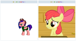 Size: 516x276 | Tagged: safe, apple bloom, oc, derpibooru, g4, exploitable meme, juxtaposition, juxtaposition win, meme, meta