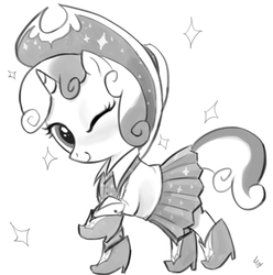 Size: 661x665 | Tagged: safe, artist:ehfa, sweetie belle, g4, on your marks, boots, clothes, cow belle, cowboy boots, cowboy hat, cute, diasweetes, female, grayscale, hat, looking at you, monochrome, one eye closed, shoes, simple background, skirt, solo, sparkles, white background, wink