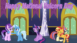 Size: 1024x570 | Tagged: safe, moondancer, starlight glimmer, sunset shimmer, trixie, twilight sparkle, alicorn, pony, unicorn, g4, counterparts, floppy ears, hug, left out, missing rarity, national unicorn day, op is a duck, op is trying to start shit, sad, ship:moonset, twilight sparkle (alicorn), twilight's castle, twilight's counterparts, unicorn master race, vector