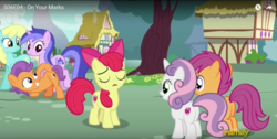 Size: 1366x691 | Tagged: safe, screencap, apple bloom, sassaflash, scootaloo, sea swirl, seafoam, sweetie belle, tender taps, earth pony, pony, g4, on your marks, butt, colt, cutie mark, cutie mark crusaders, discovery family logo, female, filly, look at my butt, male, out of context, plot, prone, the cmc's cutie marks