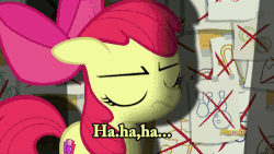 Size: 500x281 | Tagged: safe, edit, edited screencap, screencap, apple bloom, scootaloo, sweetie belle, g4, on your marks, animated, caption, cutie mark, cutie mark crusaders, discovery family logo, female, gif, horse apples, mental breakdown, snapple bloom, the cmc's cutie marks, thought bubble
