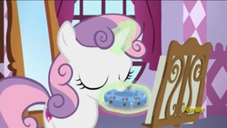 Size: 960x540 | Tagged: safe, screencap, sweetie belle, pony, unicorn, g4, on your marks, blowing, cute, diasweetes, discovery family logo, female, filly, glowing horn, horn, levitation, magic, mouth hold, musical instrument, pitch pipe, pitchpipe, telekinesis, whistle