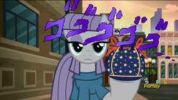 Size: 1270x717 | Tagged: safe, edit, edited screencap, screencap, carrot top, golden harvest, lyra heartstrings, maud pie, g4, the gift of the maud pie, death stare, jojo's bizarre adventure, menacing, muda pie, rock pouch, the fire in her eyes, ゴ ゴ ゴ