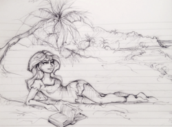 Size: 1116x826 | Tagged: safe, artist:buttersprinkle, sunset shimmer, equestria girls, g4, beach, book, palm tree, sketch, traditional art, tree