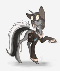 Size: 755x892 | Tagged: safe, artist:lonerdemiurge_nail, oc, oc only, oc:grayscale, pony, unicorn, bag, clothes, commission, fluffy, outfit, sketch, solo