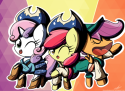 Size: 2200x1600 | Tagged: safe, artist:therandomjoyrider, apple bloom, scootaloo, sweetie belle, g4, on your marks, clothes, costume, cow belle, cute, cutie mark crusaders, open mouth, wink, yodeloo