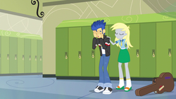 Size: 1280x720 | Tagged: safe, screencap, derpy hooves, flash sentry, equestria girls, g4, my little pony equestria girls: friendship games, comforting, consoling, guitar, guitar case, lockers, sad