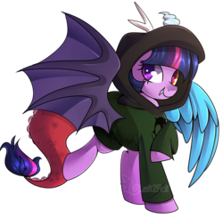 Size: 1800x1766 | Tagged: safe, artist:drawntildawn, twilight sparkle, draconequus, g4, clothes, commission, discord sparkle, draconequified, female, god tier, hero of doom, homestuck, hoodie, mismatched horns, mismatched wings, solo, species swap, twikonequus, wings, witch of doom