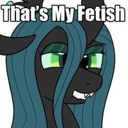 Size: 1000x1000 | Tagged: safe, artist:spritepony, queen chrysalis, g4, bedroom eyes, female, grin, image macro, lip bite, meme, meta, simple background, smiling, solo, text, that is my fetish, transparent background