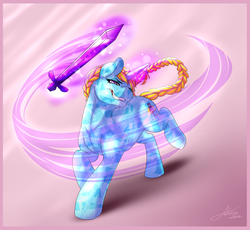 Size: 1280x1178 | Tagged: safe, artist:fatcakes, oc, oc only, crystal pony, pony, unicorn, solo, sword, weapon