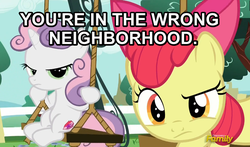 Size: 873x514 | Tagged: safe, screencap, apple bloom, sweetie belle, g4, on your marks, discovery family logo, swing, text, wrong neighborhood