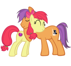 Size: 1360x1272 | Tagged: safe, artist:gojiheisei1995, apple bloom, tender taps, earth pony, pony, g4, on your marks, ^^, backwards cutie mark, cutie mark, duo, eyes closed, female, hug, male, mare, older, older apple bloom, older tender taps, shipping, simple background, stallion, straight, tenderbloom, the cmc's cutie marks, transparent background