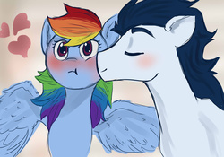 Size: 1024x717 | Tagged: safe, artist:slytherinakatsuki, rainbow dash, soarin', pony, g4, blushing, female, kissing, male, ship:soarindash, shipping, straight