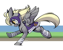 Size: 1280x1024 | Tagged: safe, artist:mittymandi, derpy hooves, pegasus, pony, g4, clothes, determined, female, kentucky, mare, mask, racing, solo