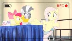 Size: 1366x768 | Tagged: safe, artist:deannart, apple bloom, fluttershy, zecora, earth pony, pegasus, pony, zebra, g4, microphone, shrug, youtube link