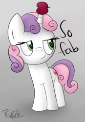 Size: 556x800 | Tagged: safe, artist:pucksterv, sweetie belle, pony, unicorn, g4, apple, cutie mark, female, filly, food, horn, horn guard, horn impalement, signature, simple background, smug, solo, the cmc's cutie marks