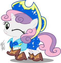 Size: 3000x3128 | Tagged: safe, artist:mlp-scribbles, sweetie belle, g4, on your marks, boots, clothes, cow belle, cowboy boots, cowboy hat, female, hat, high res, shoes, simple background, skirt, solo, stetson, transparent background, vector, wink, wrong aspect ratio