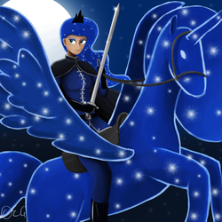 Size: 3300x3300 | Tagged: safe, artist:egstudios93, princess luna, tantabus, alicorn, human, g4, female, high res, humanized, humans riding horses, riding, sword, warrior luna, weapon