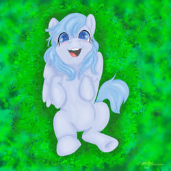 Size: 900x900 | Tagged: safe, artist:littlewolfstudios, oc, oc only, oc:bubblepop, pegasus, pony, askbubblepop, cute, female, filly, on back, solo