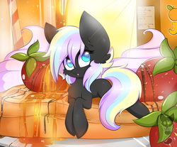 Size: 1024x847 | Tagged: safe, artist:teranen, oc, oc only, oc:ice trio, colored pupils, food, ponies in food, strawberry, waffle