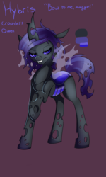 Size: 768x1280 | Tagged: safe, artist:whitenoiseghost, oc, oc only, oc:hybris, changeling, purple changeling, reference sheet, solo