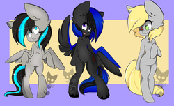 Size: 2851x1729 | Tagged: safe, artist:teranen, oc, oc only, earth pony, pegasus, semi-anthro, arm hooves, bipedal, colored pupils, eyepatch, no catchlights, no pupils, purple background, simple background, yellow background