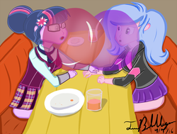 Size: 1024x775 | Tagged: safe, artist:twibubblegum, sci-twi, twilight sparkle, oc, oc:sugerless bubblegum, equestria girls, g4, art theft, booth, bubble, bubble kiss, bubblegum, clothes, female, food, lesbian, miniskirt, sideass, skirt