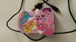 Size: 5312x2988 | Tagged: safe, fluttershy, pinkie pie, rainbow dash, twilight sparkle, alicorn, pony, g4, battery, cloud, female, mare, merchandise, micro usb, twilight sparkle (alicorn), usb, usb cable