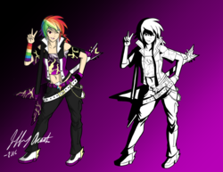 Size: 1024x789 | Tagged: safe, artist:penspark, rainbow dash, human, g4, belly button, digital art, female, glam metal, glam rock, humanized, rock (music), rocker, solo