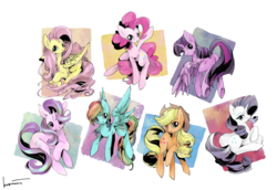 Size: 2500x1722 | Tagged: safe, artist:kuzumori, applejack, fluttershy, pinkie pie, rainbow dash, rarity, starlight glimmer, twilight sparkle, alicorn, pony, g4, alternate mane seven, cute, female, mane six, mare, pixiv, twilight sparkle (alicorn)