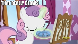 Size: 960x540 | Tagged: safe, edit, edited screencap, screencap, sweetie belle, g4, on your marks, blowing, discovery family logo, female, innuendo, levitation, magic, pitch pipe, pun, reaction image, solo, telekinesis, that really blows