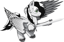 Size: 4580x3053 | Tagged: safe, artist:bladewing, oc, oc only, oc:bladewing, pegasus, pony, vampire, digital art, fangs, fighting stance, solo, sword, weapon