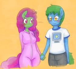 Size: 1100x995 | Tagged: safe, artist:basketgardevoir, oc, oc only, oc:software patch, oc:windcatcher, anthro, blushing, clothes, couple, female, glasses, holding hands, jumpsuit, male, straight, t-shirt, windpatch