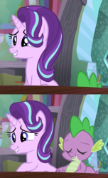Size: 1200x1968 | Tagged: safe, screencap, spike, starlight glimmer, g4, the crystalling, book, eyes closed, lip bite, smiling, table, teeth, unf