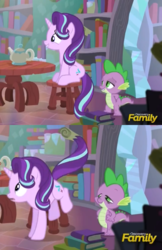 Size: 1200x1850 | Tagged: safe, screencap, spike, starlight glimmer, dragon, pony, unicorn, g4, the crystalling, book, chair, discovery family logo, eyes on the prize, female, lidded eyes, looking at butt, male, mare, smiling, table, teapot