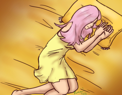 Size: 614x480 | Tagged: safe, artist:funakounasoul, fluttershy, human, g4, bed, clothes, cute, dress, female, humanized, sleeping, solo