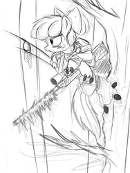 Size: 3000x4000 | Tagged: safe, artist:ncmares, apple bloom, cyborg, earth pony, pony, fanfic:night mares, g4, black and white, fanfic, fanfic art, female, filly, grayscale, gun, hooves, monochrome, optical sight, rifle, sketch, sniper, sniper rifle, solo, weapon