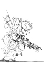 Size: 2500x4000 | Tagged: safe, artist:ncmares, apple bloom, cyborg, earth pony, pony, fanfic:night mares, g4, bipedal, black and white, female, filly, grayscale, gun, hooves, mechanical hands, military, monochrome, optical sight, rifle, simple background, sketch, sniper, sniper rifle, solo, weapon, white background